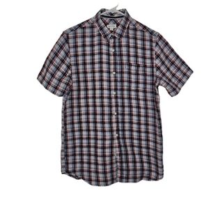 Sun + Stone Mens Red-Blue Plaid Short Sleeve Button down Shirt Size Small